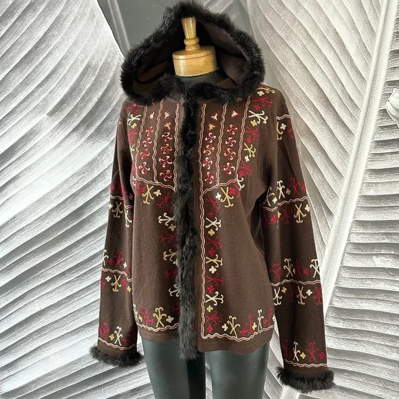 Bohemian Boho L Sweater Cardigan Shacket Merino Wool Rabbit Fut Brown Red Gold - Picture 16 of 16